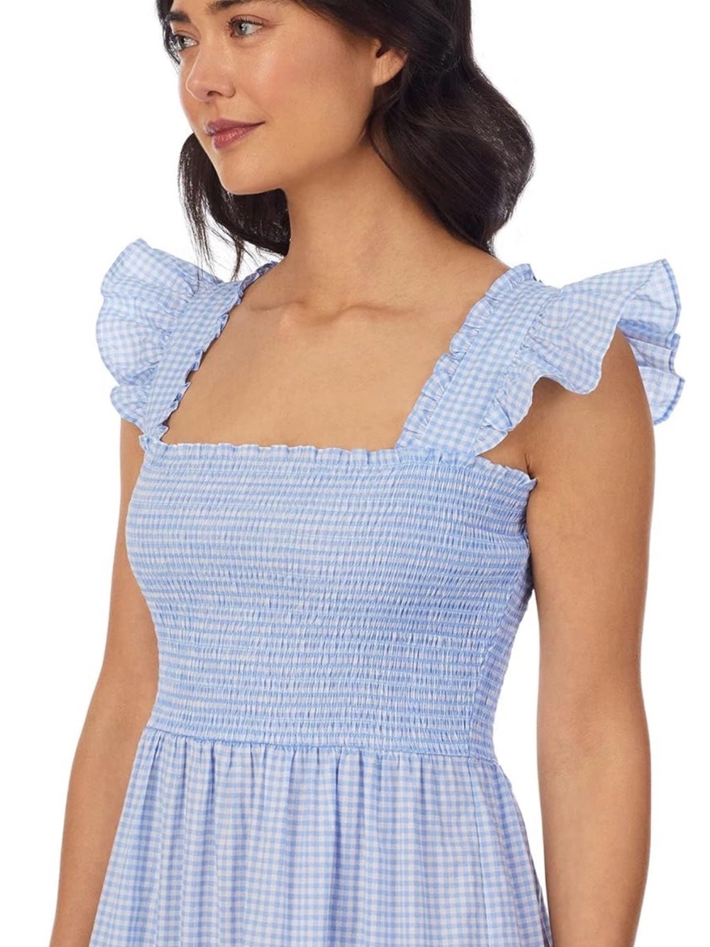 Eileen West Light Blue Gingham Smocked Midi Dress with Ruffle Straps